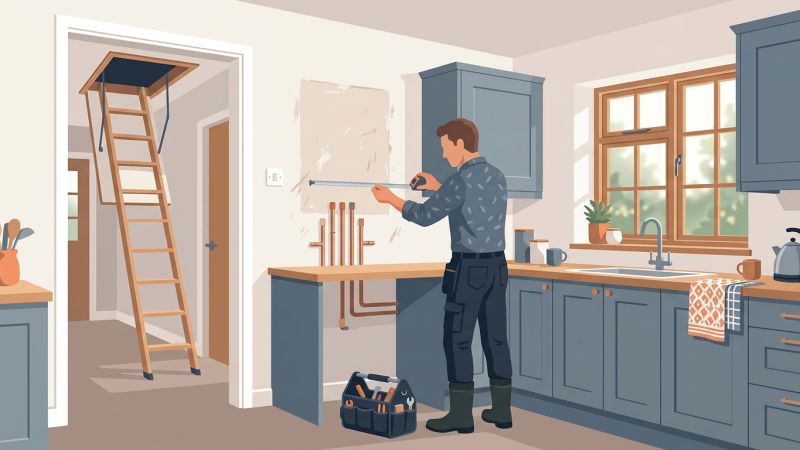 Heating engineer measuring a new pipe route from a British kitchen wall towards an open loft hatch