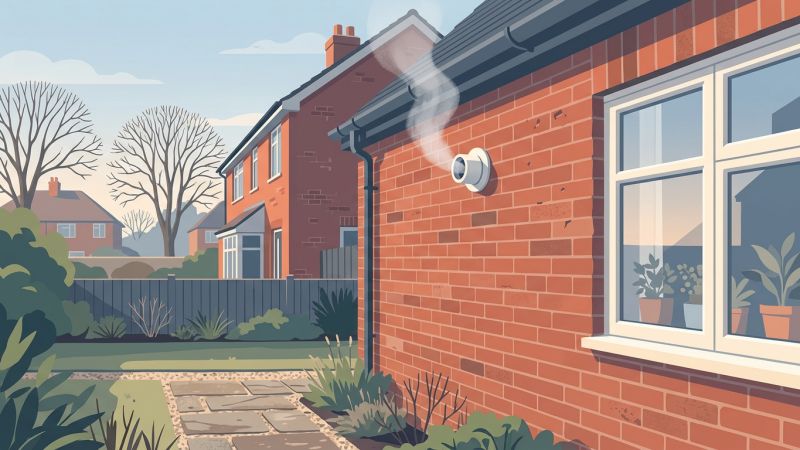 White boiler flue terminal on the brick wall of a British semi-detached house with a faint plume of vapour