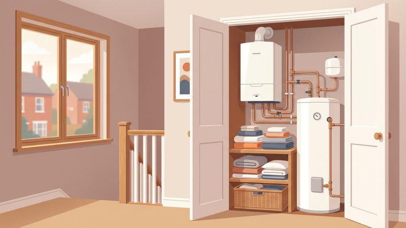 Wall-mounted system boiler beside a tall white unvented hot water cylinder in a British airing cupboard