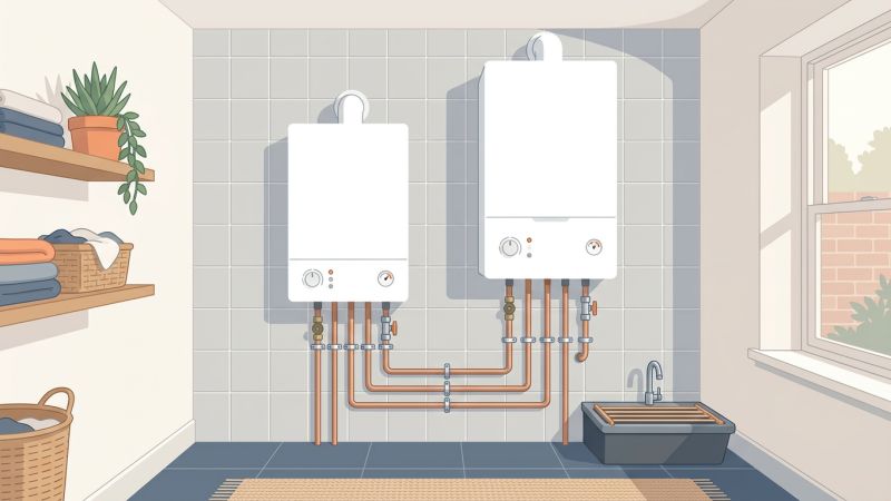 Two plain white wall-hung combi boilers of different sizes side by side on a tiled British utility room wall