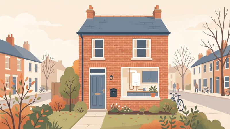 Older terraced house in a British street with a new condensing boiler visible through the kitchen window