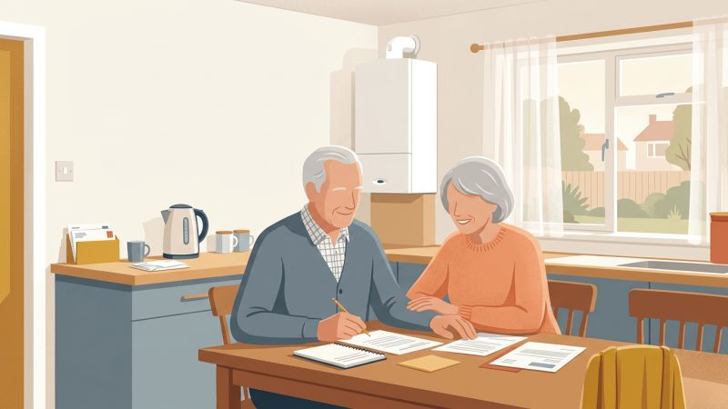 Older couple reading a letter at a kitchen table in a British bungalow with a wall-hung boiler visible behind them