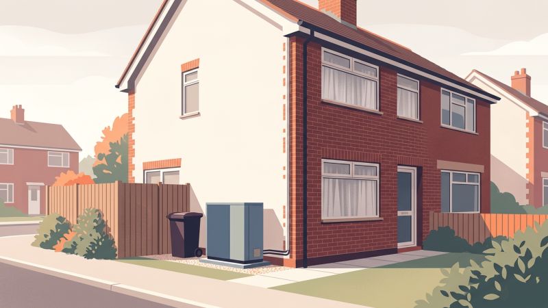Air source heat pump unit on a gravel pad beside the brick wall of a British semi-detached house
