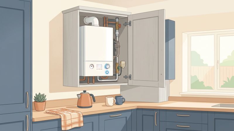 Close-up of a white wall-hung combi boiler display showing a two-letter fault code and a flashing blue indicator light