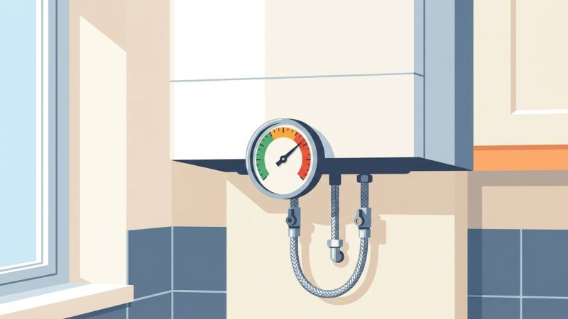 Close-up of a boiler pressure gauge needle in the red zone above a braided filling loop