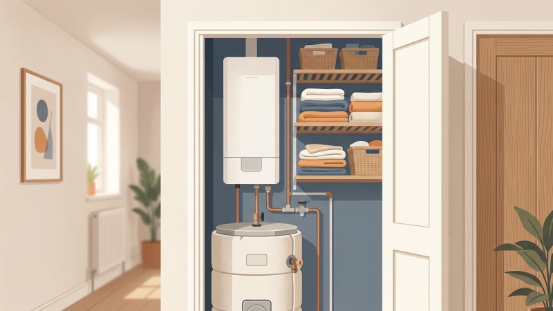 Compact electric water heater and hot water cylinder in the airing cupboard of a small British flat